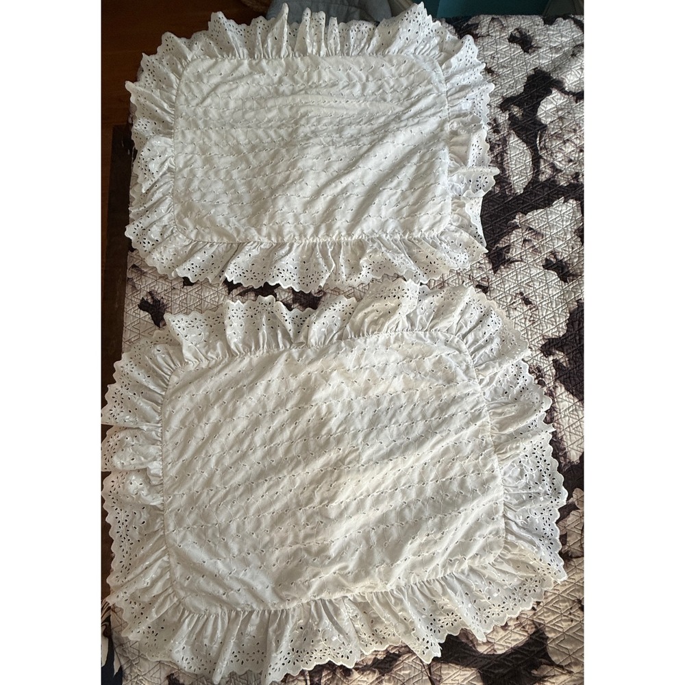 Vintage White Eyelet Lace Ruffled Pillow Shams Pair Standard Size Cottagecore